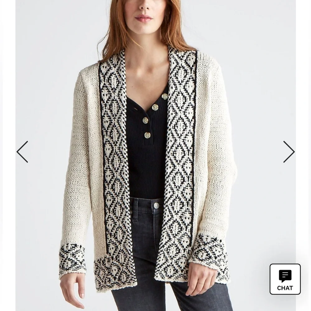 Lucky Brand Novelty Stitch Cardigan Small Cream Black Cable Knit Open Sweater - Picture 1 of 10